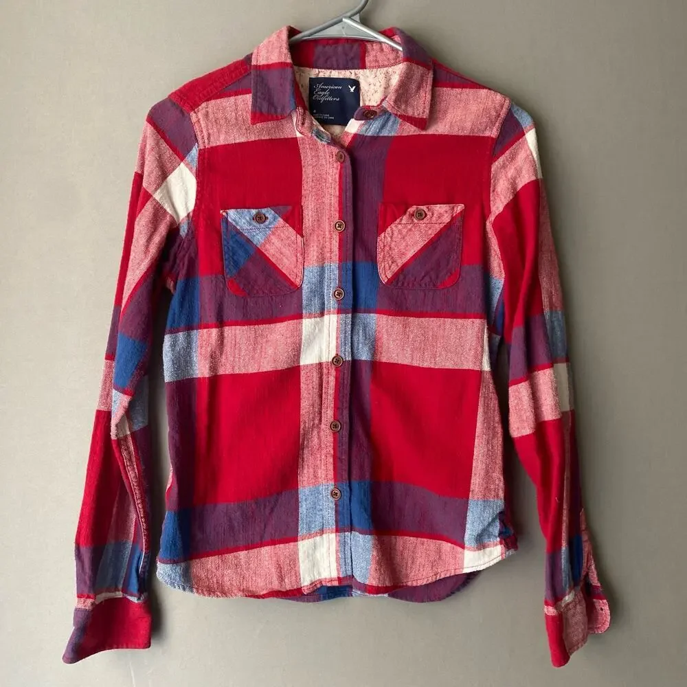 American Eagle outfitters sz 4 red blue 100% cotton flannel shirt‎